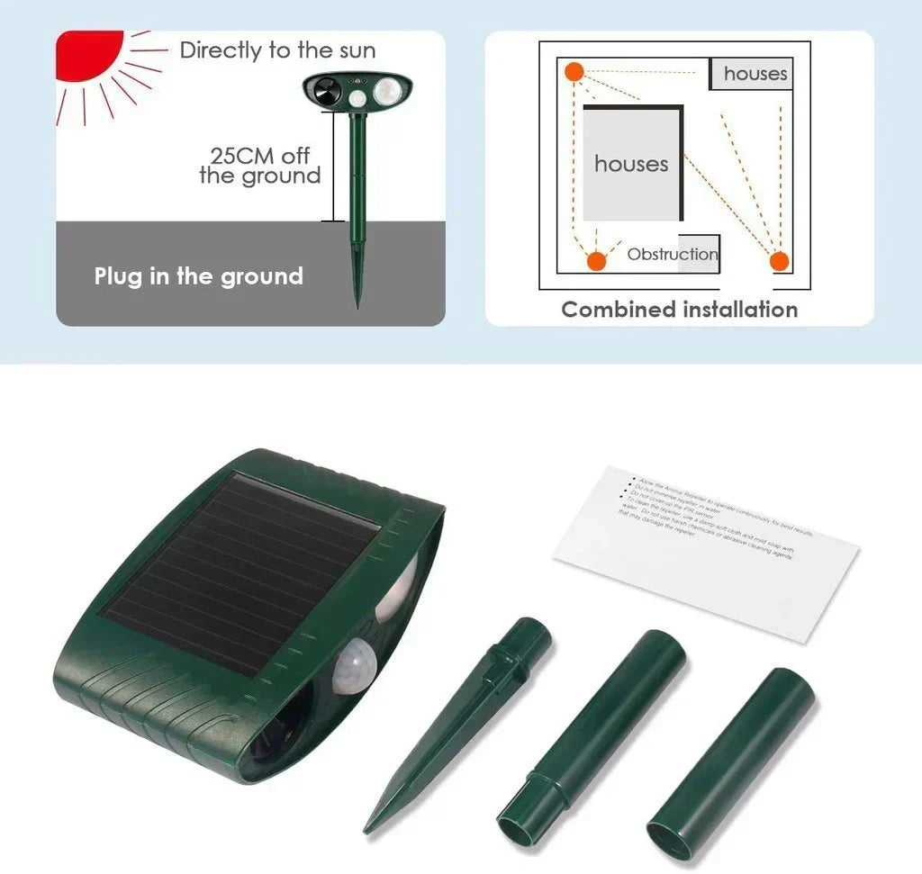 Compact solar ultrasonic repeller, deters deer, rodents, and pests from damaging your garden.