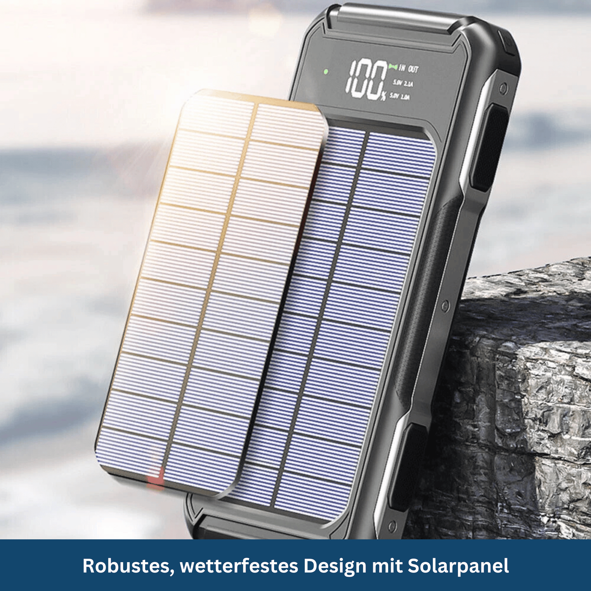 Close-up of SolarCharge 20K power bank showing LED display with battery percentage