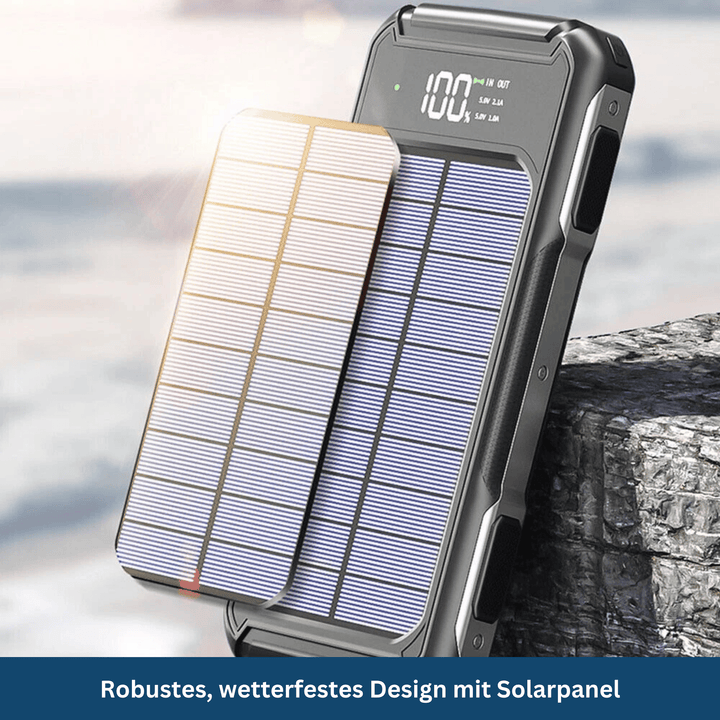 Close-up of SolarCharge 20K power bank showing LED display with battery percentage