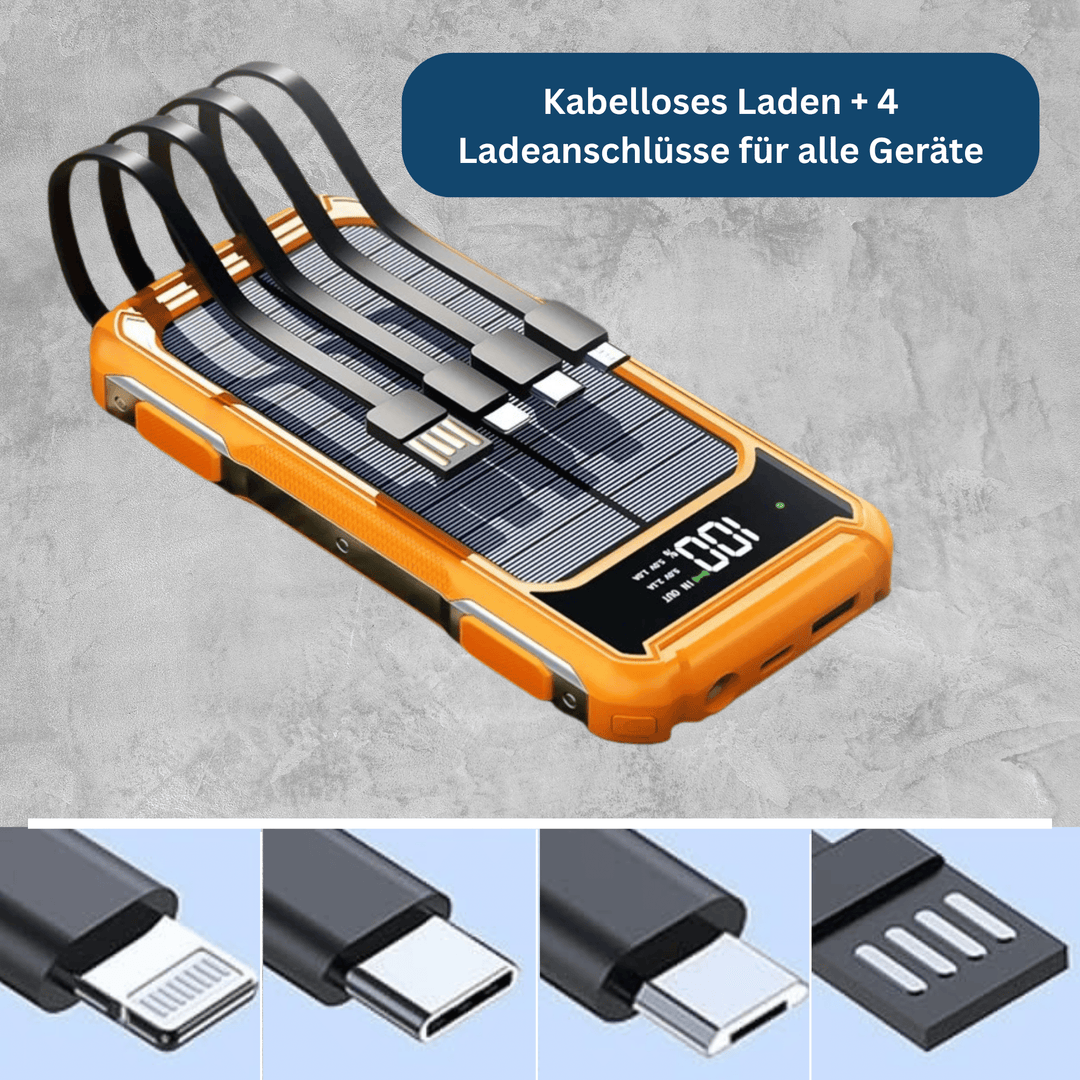SolarCharge 20K portable charger next to a smartphone, highlighting its compact size