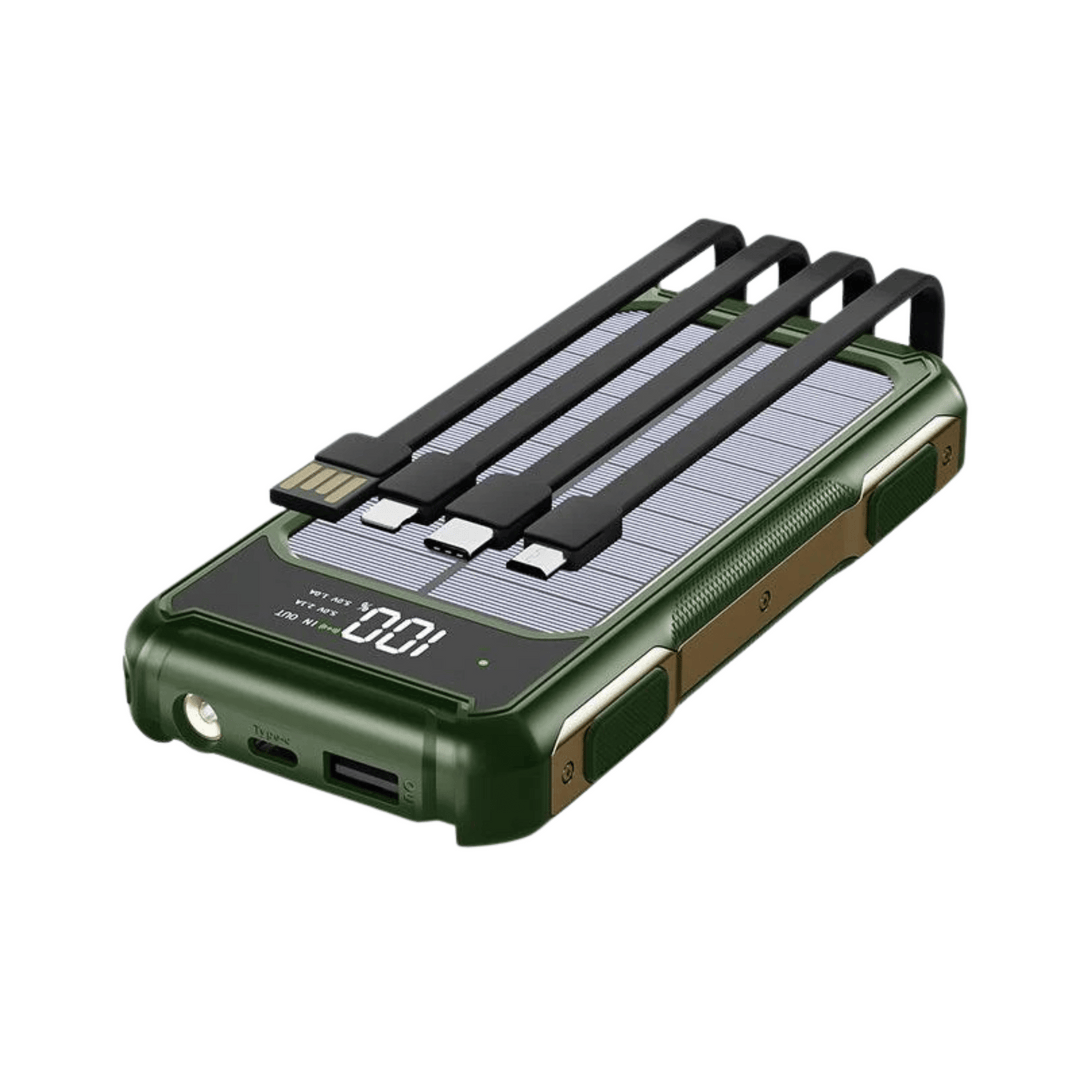 Detail view of the durable casing and power button on the SolarCharge 20K power bank