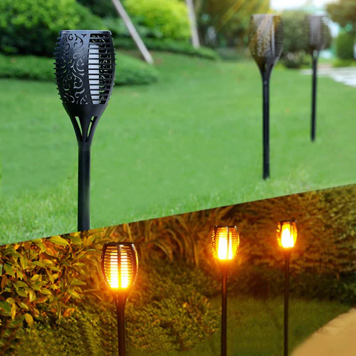 SolarFlame LED garden torch with realistic flame effect, perfect for ambient outdoor pathway lighting.