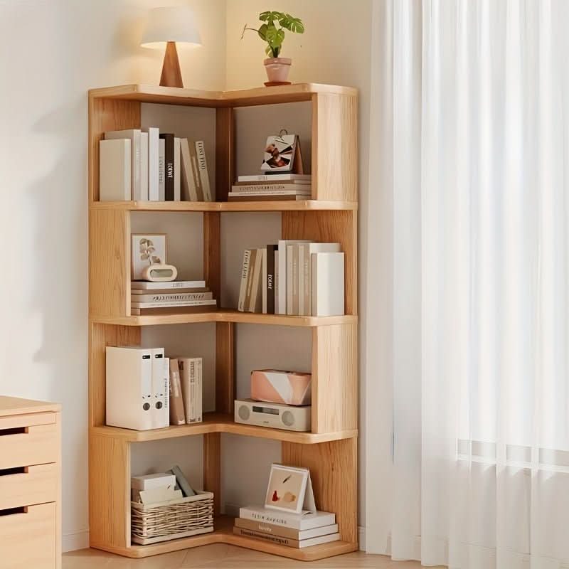 Space-saving pine wood corner display cabinet. Ideal for elegant home organization in living rooms & bedrooms.