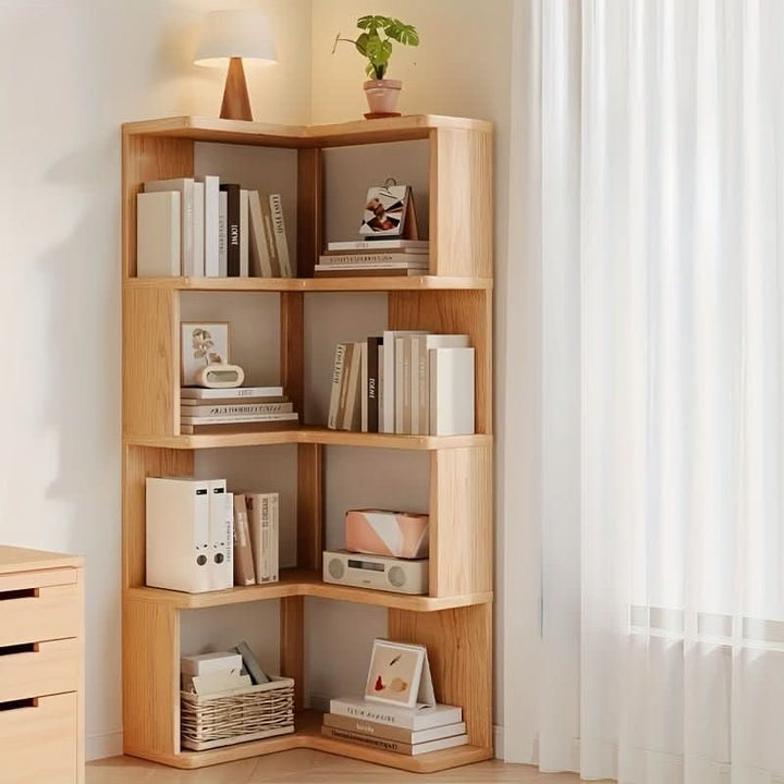 Space-saving pine wood corner display cabinet. Ideal for elegant home organization in living rooms & bedrooms.