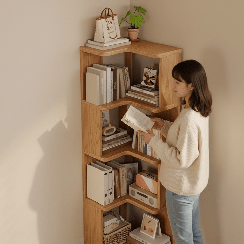 Elegant pine wood corner cabinet, a space-saving storage solution for bedroom & living room organization.