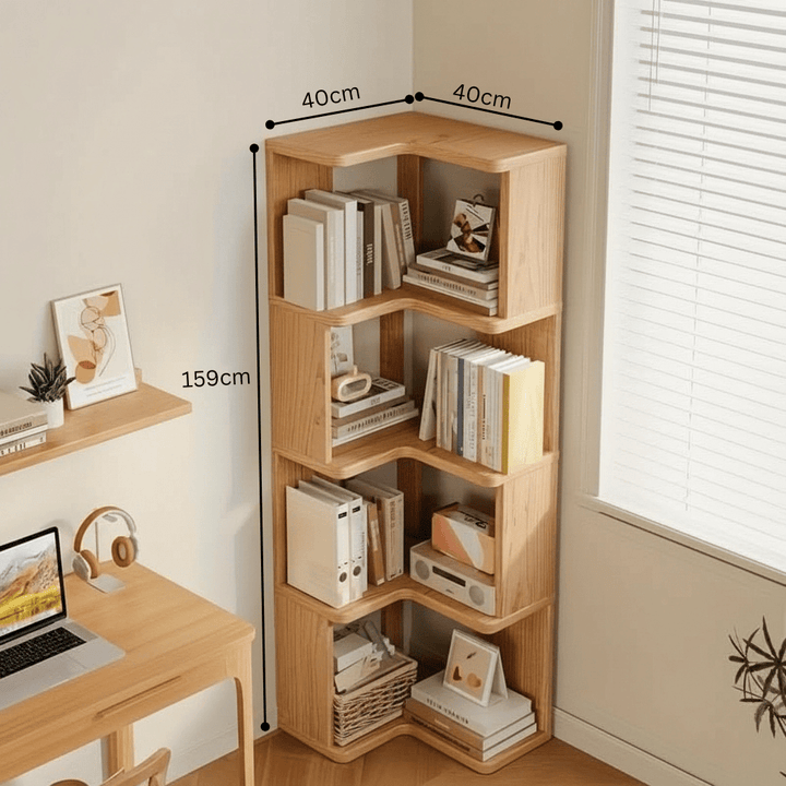 Natural pine wood corner cabinet with display shelves. Versatile storage for elegant home organization in any room.