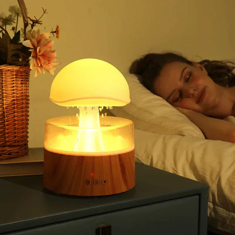 Soothing mushroom cloud rain humidifier with LED light. Perfect for relaxation, home decor, and stress relief.