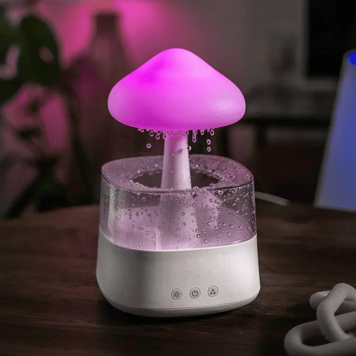 CalmCloud mushroom humidifier with gentle rain sound & calming LED. Enhances sleep, relaxation & reduces stress.
