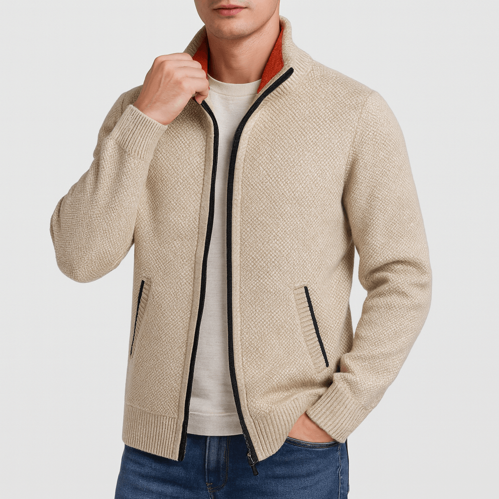 Sophisticated men's zip collar cardigan in a versatile color, perfect for modern layering in any season.