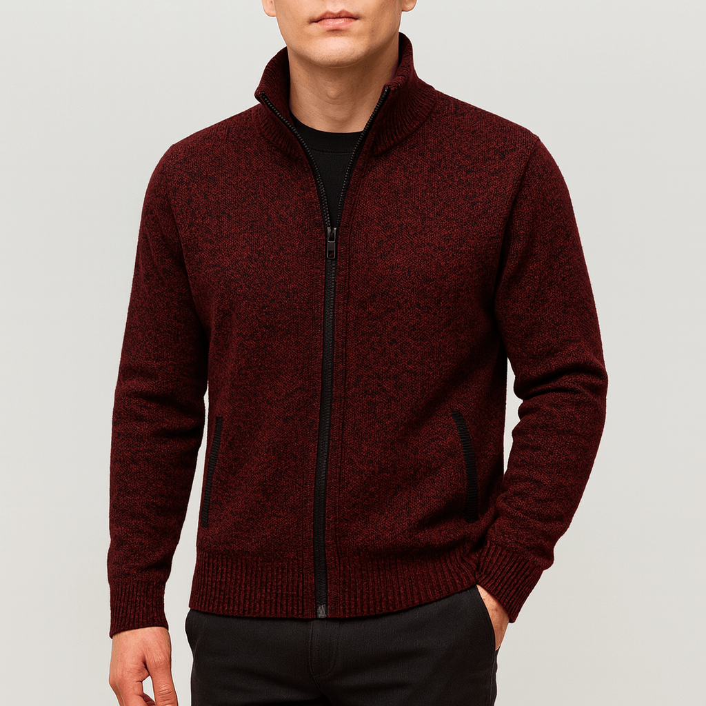 Comfortable slim-fit men's zip collar cardigan, a modern long-sleeve layer for fall and winter style.