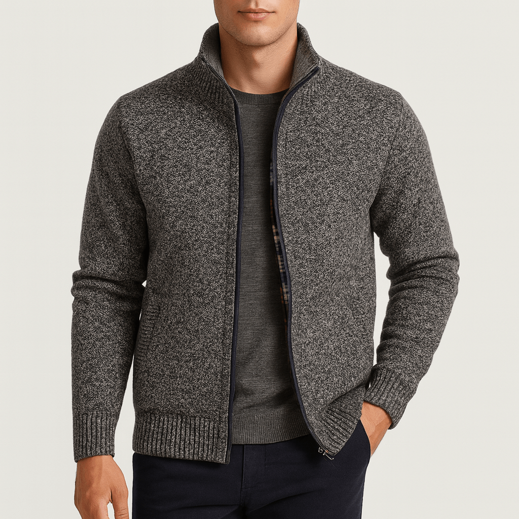 Stylish men's zip collar cardigan for a sleek, modern look. Perfect for sophisticated casual or formal outfits.