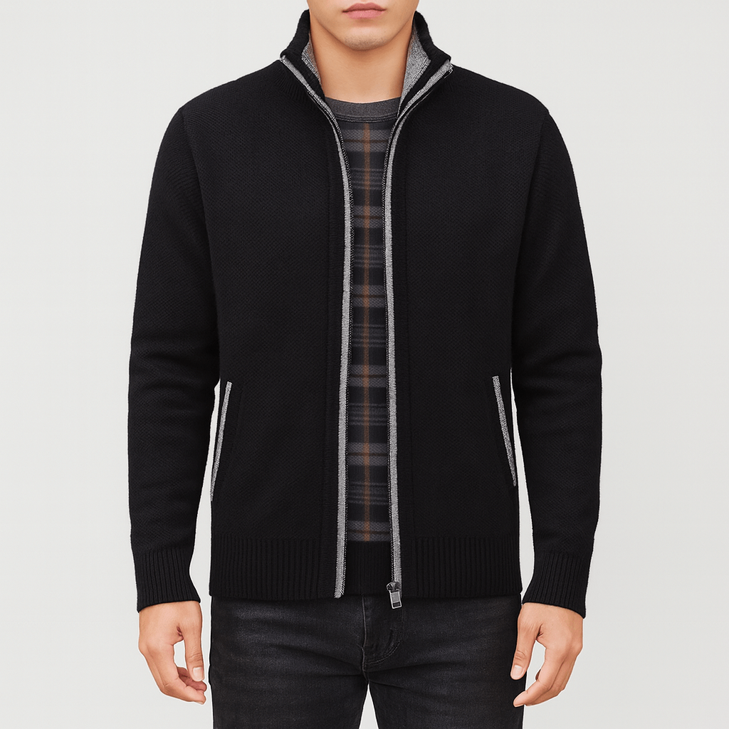 Men's sophisticated zip collar cardigan, a comfortable and versatile long-sleeve outerwear layer for all seasons.