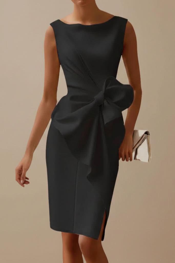Sleek women's formal cocktail dress, midi, with a beautiful statement bow back. Perfect for elegant evening wear.