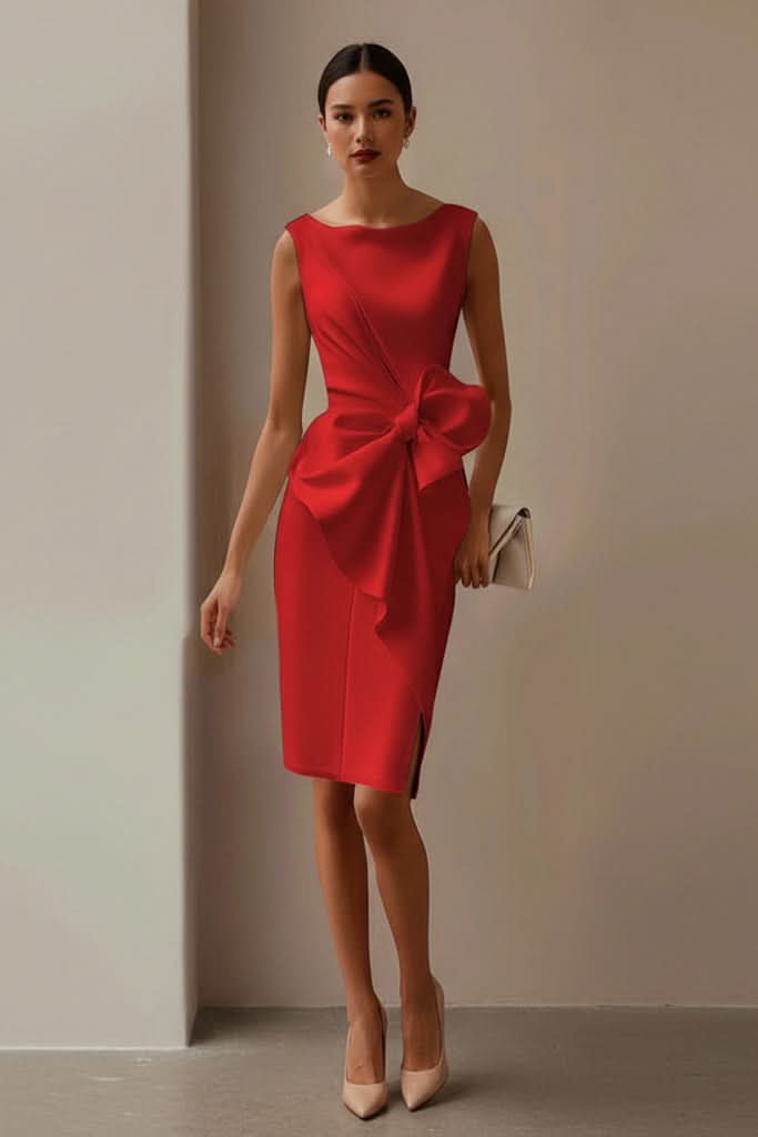 Sleek women's evening gown, midi cocktail dress, with a unique statement bow back for an elegant party look.