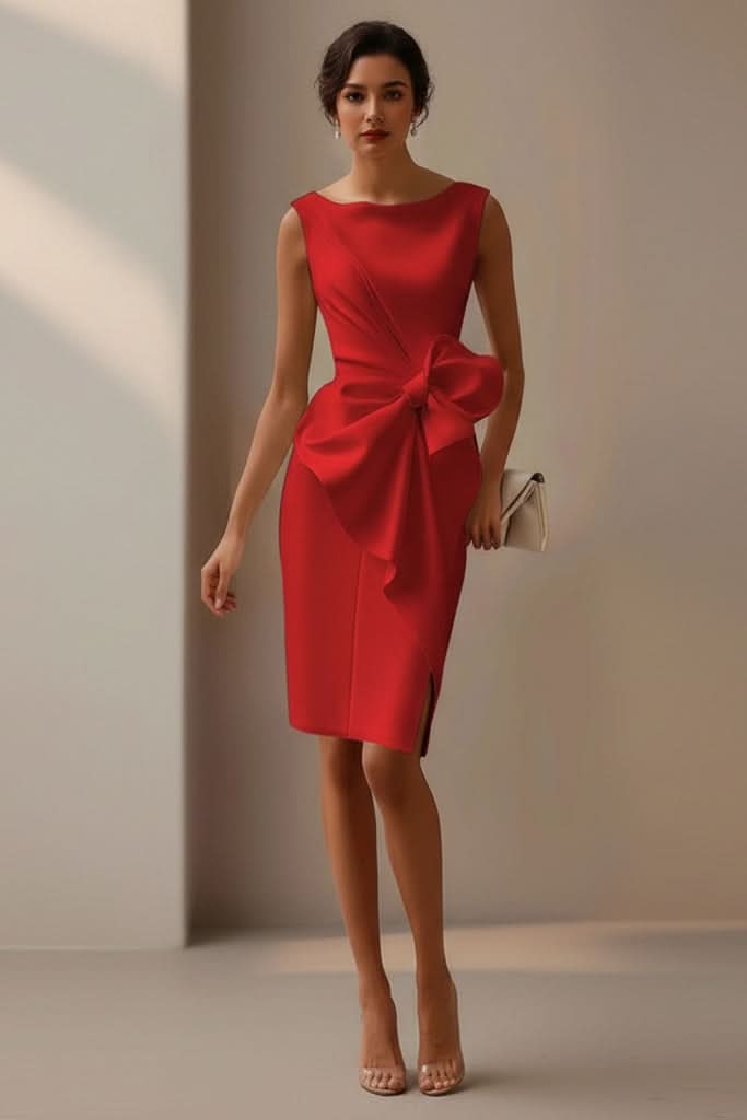 Women's sophisticated cocktail dress, ideal wedding guest or special occasion wear, featuring an elegant bow back.