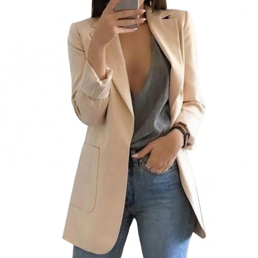 Sophisticated women's long blazer jacket. Perfect for elegant office attire and versatile business casual looks.
