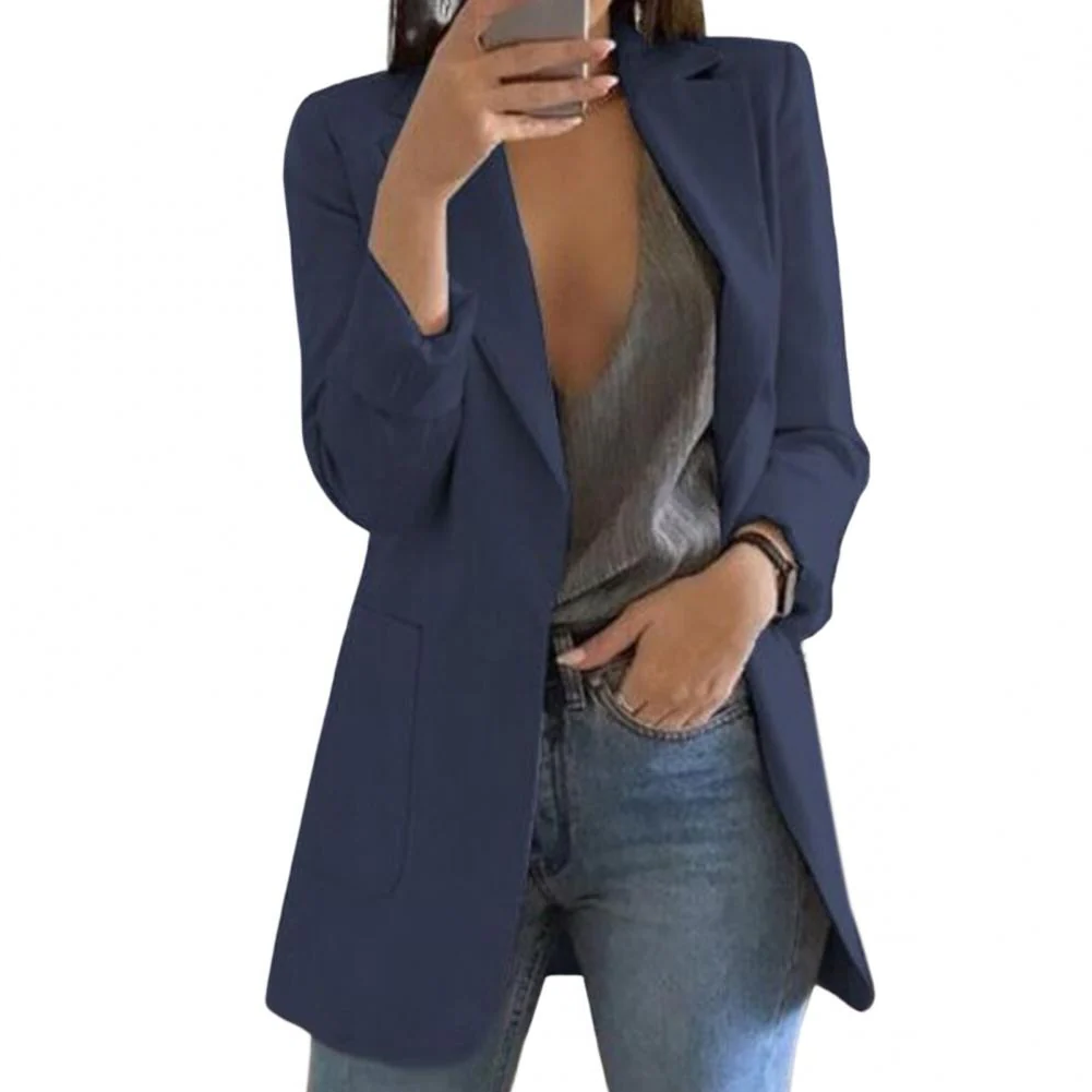 Chic women's long blazer. A versatile jacket for formal wear, office, or stylish everyday sophisticated fashion.