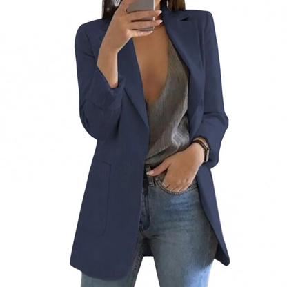 Chic women's long blazer. A versatile jacket for formal wear, office, or stylish everyday sophisticated fashion.