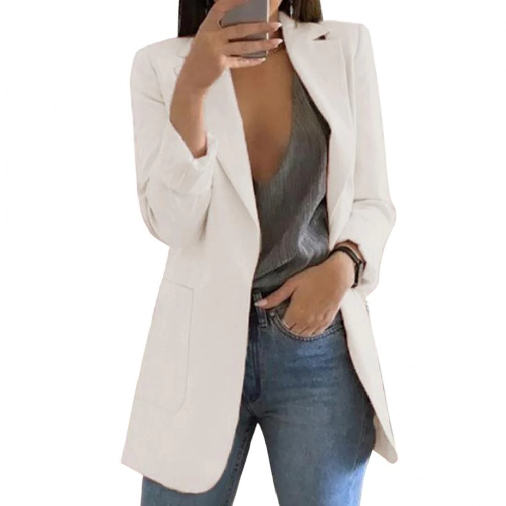 Elegant women's long blazer jacket for a professional look. Ideal for formal office attire & business casual styles.