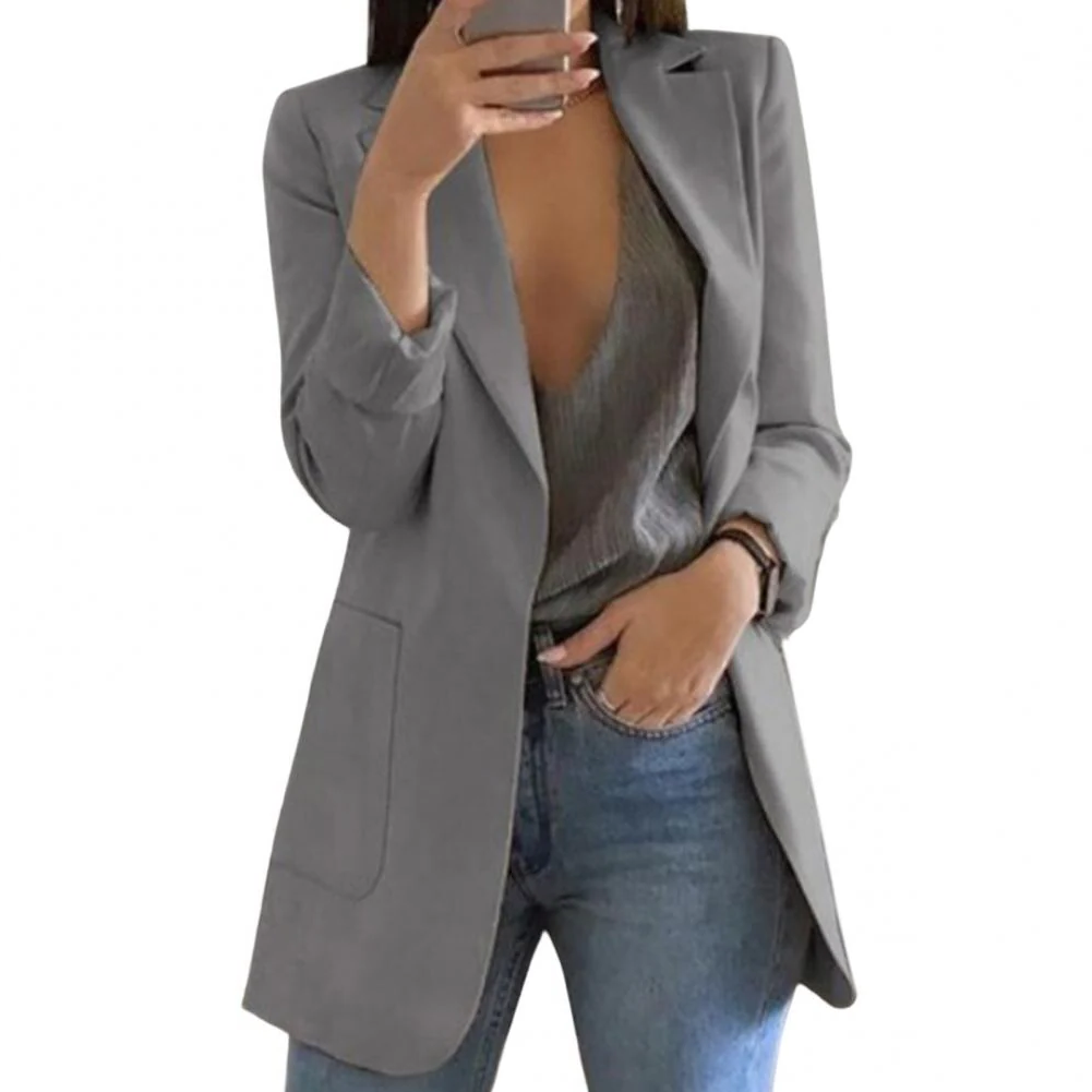 Sophisticated women's long blazer, an elegant jacket for professional office attire and versatile chic fashion.
