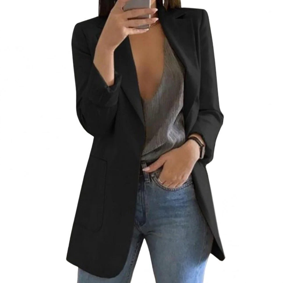 Versatile women's long blazer. Chic and elegant jacket for formal wear, office attire, and stylish professional looks.