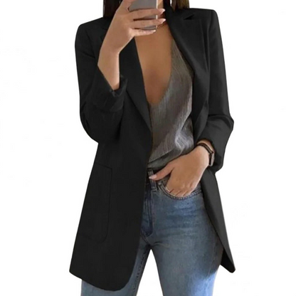 Versatile women's long blazer. Chic and elegant jacket for formal wear, office attire, and stylish professional looks.
