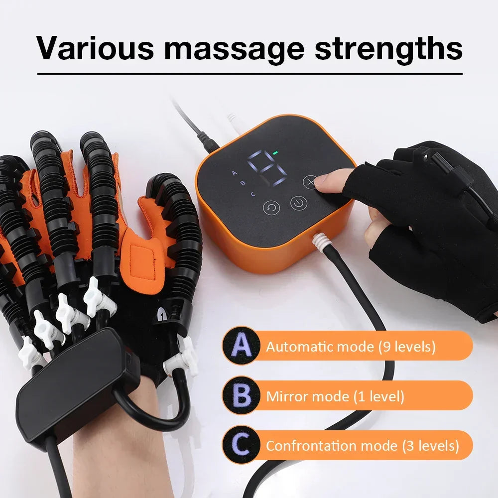 Home therapy device: Electric hand rehabilitation glove for stroke recovery. Aids in mobility & circulation.