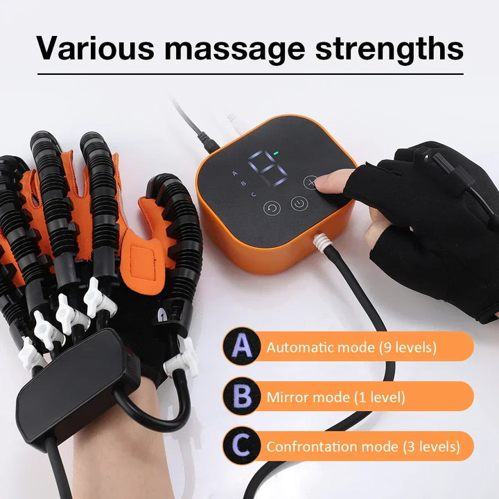 Home therapy device: Electric hand rehabilitation glove for stroke recovery. Aids in mobility & circulation.
