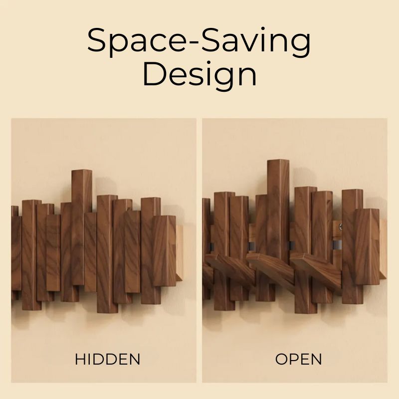 Sleek wooden wall mounted coat rack featuring practical foldable hooks. A stylish space-saver for coats.