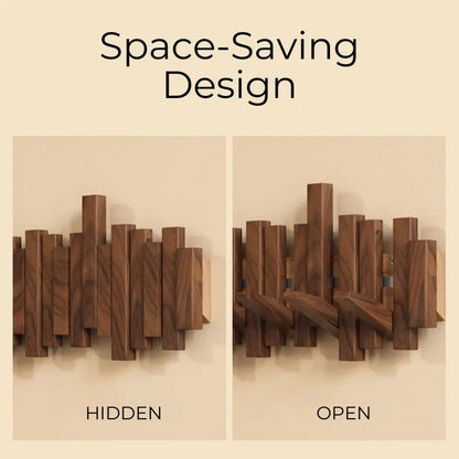 Sleek wooden wall mounted coat rack featuring practical foldable hooks. A stylish space-saver for coats.