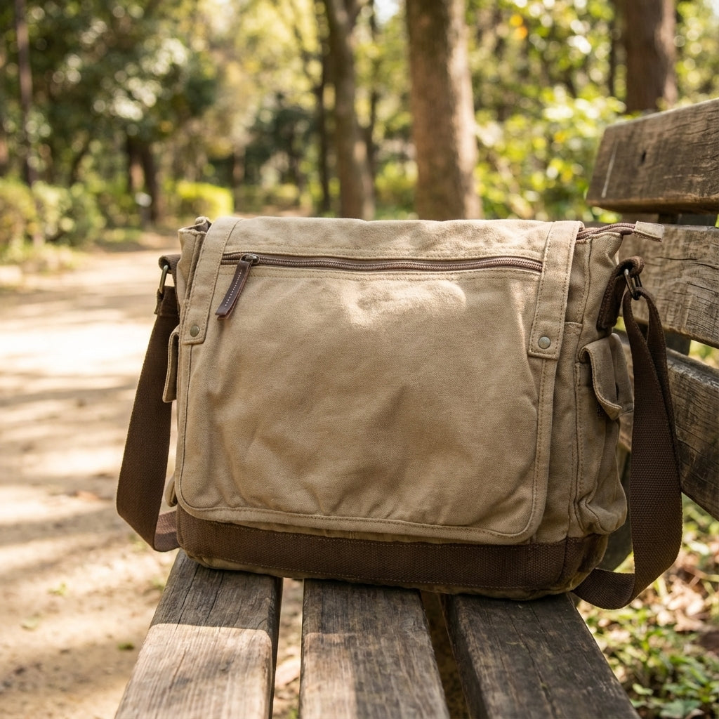 Spacious vintage canvas messenger bag for unisex daily carry, durable and stylish shoulder bag.