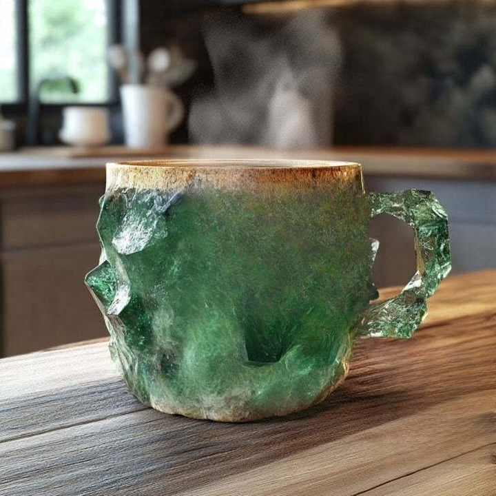 Handcrafted amethyst crystal coffee mug, unique gemstone design. Perfect for spiritual sips & home decor.