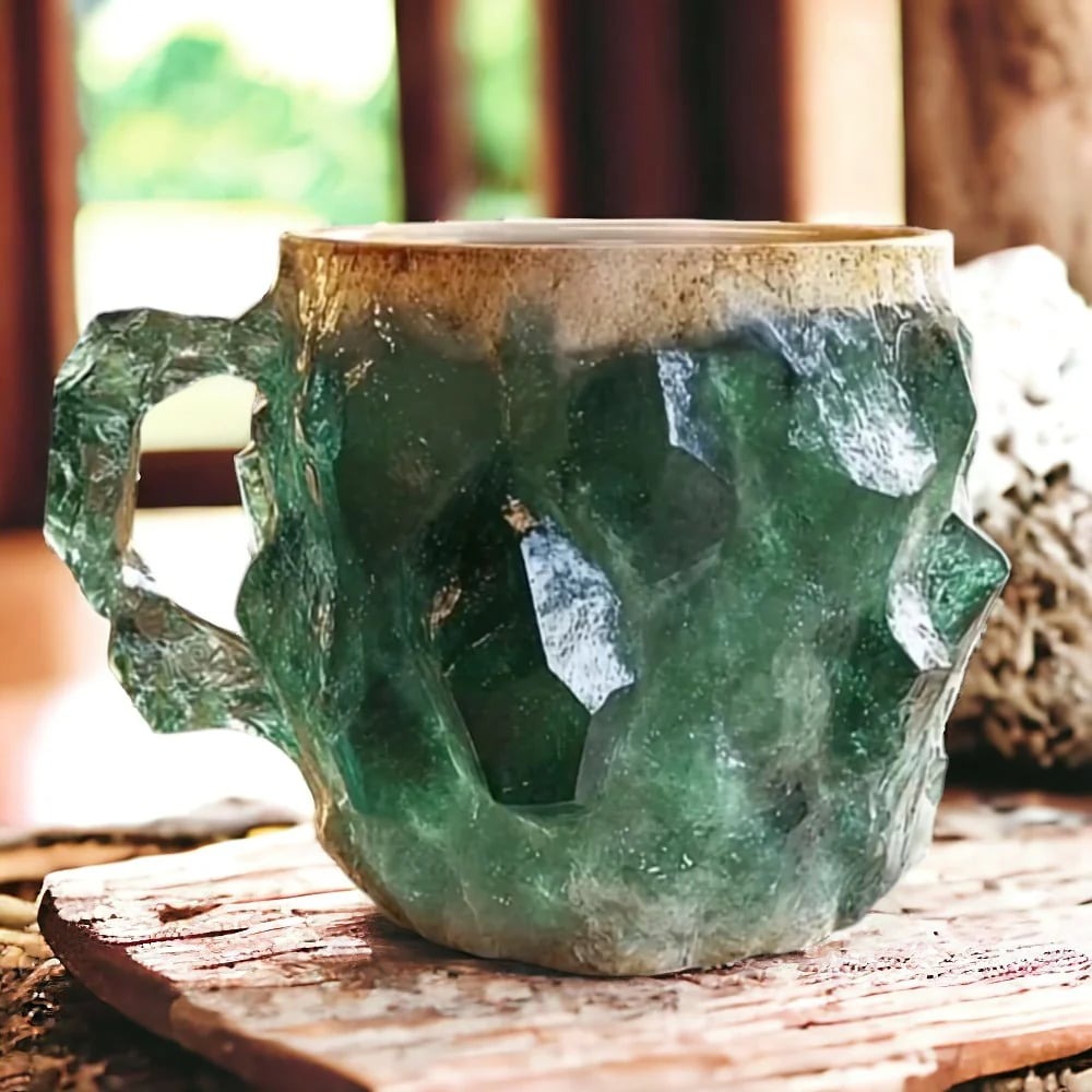 Vibrant emerald crystal coffee mug, handcrafted for unique sips. A stunning piece of spiritual home decor.