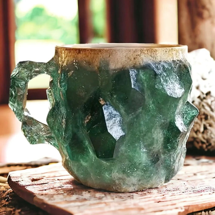 Vibrant emerald crystal coffee mug, handcrafted for unique sips. A stunning piece of spiritual home decor.