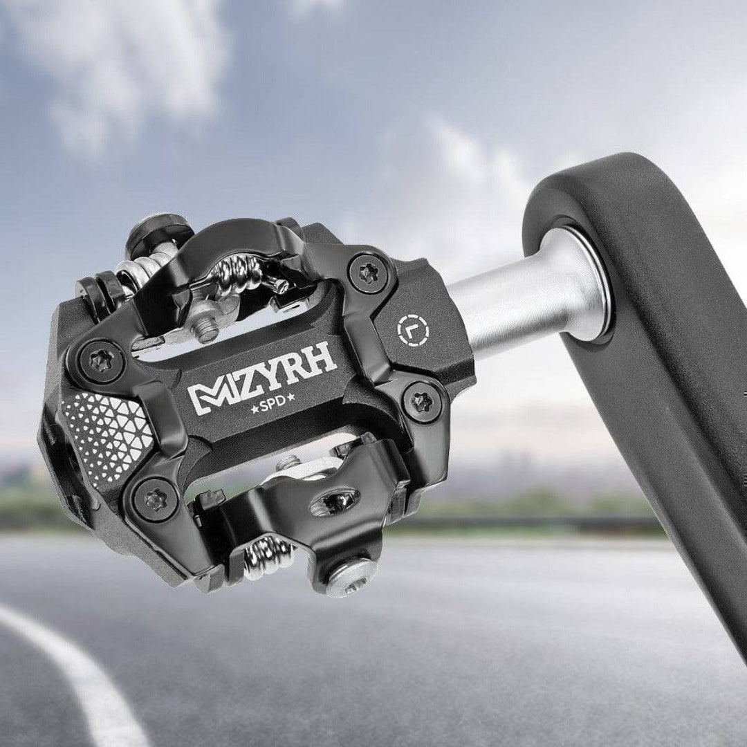 SPD MTB road bike pedals, black aluminum alloy, clipless for enhanced cycling performance and efficiency