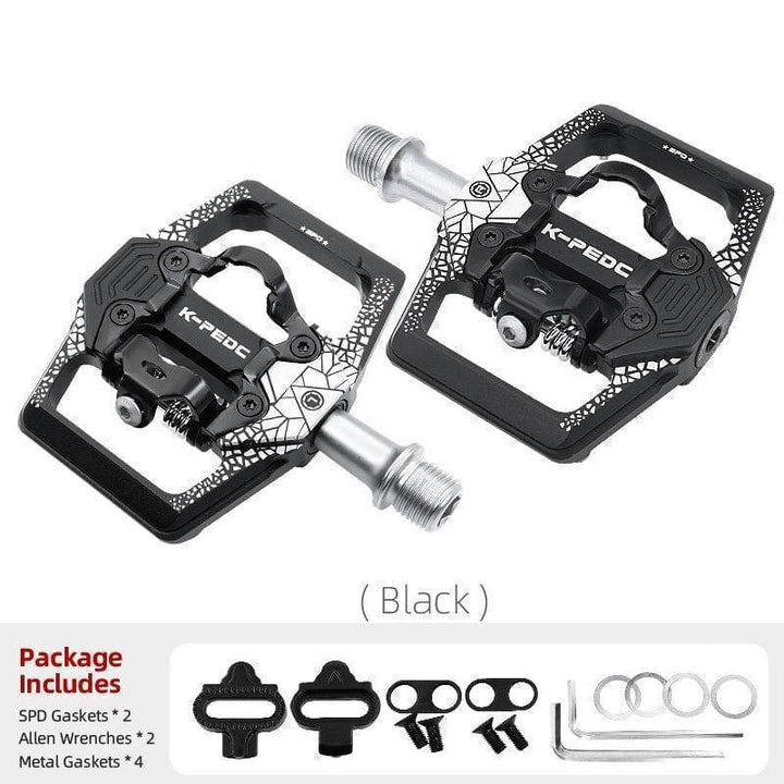 Pair of SPD clipless pedals for mountain biking, essential equipment for off-road adventures