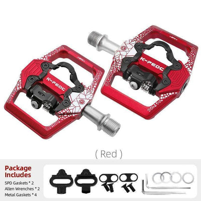 SPD pedals displayed against a workshop background, premium cycling accessories for all bikes