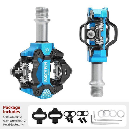 Pair of black SPD mountain bike pedals, lightweight design for improved trail riding control