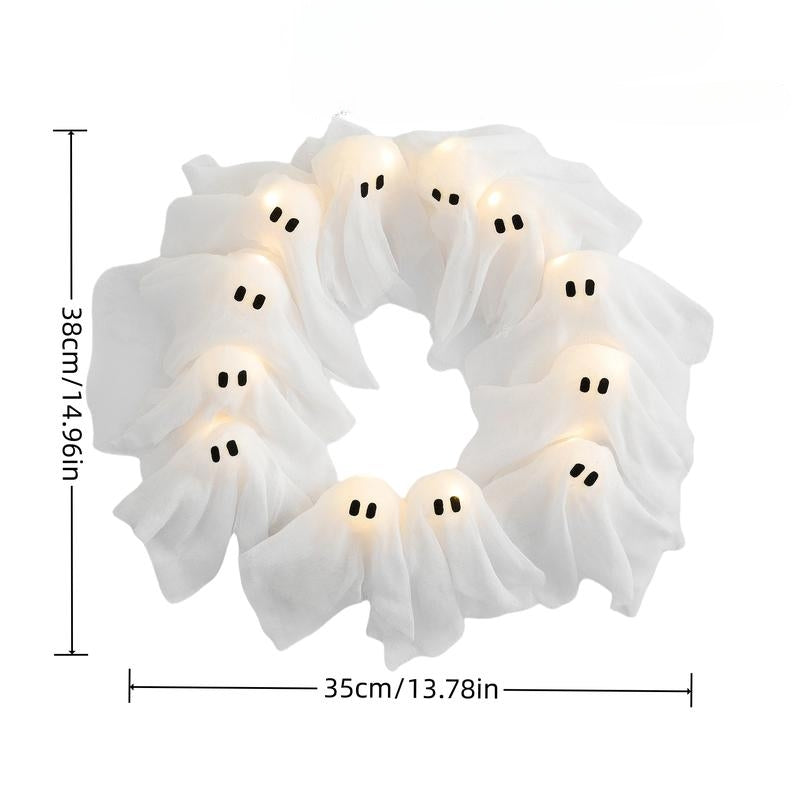 Decorative Halloween wreath with glowing ghosts & bright LED lights, ideal for spooky festive home decor.