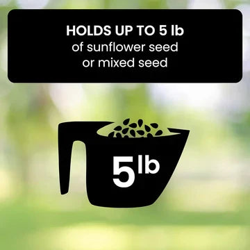 Angled view of a sturdy squirrel proof bird feeder, ready for hanging in your backyard or patio.
