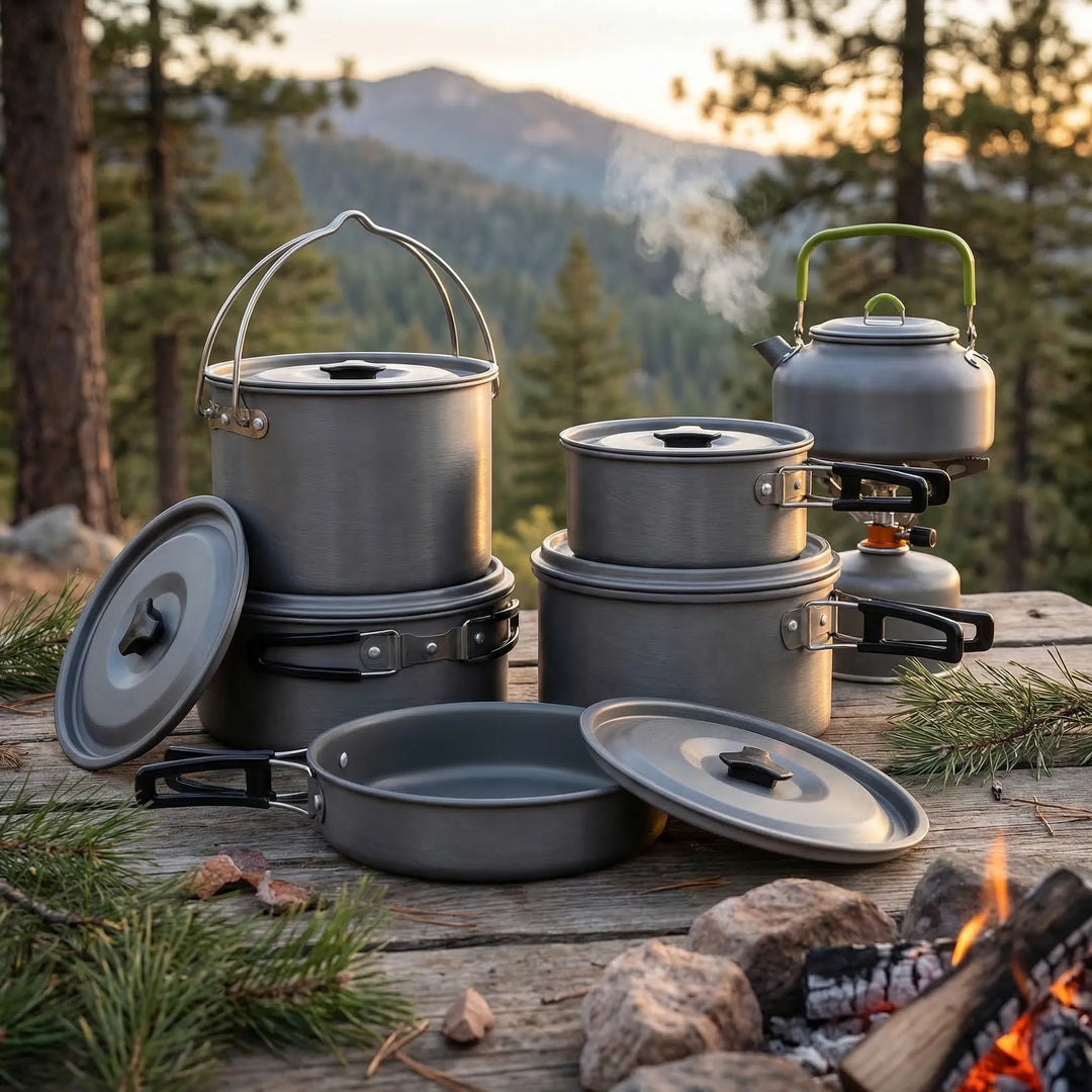 Stackable camping cookware set for outdoor cooking, perfect for backpacking and hiking essentials.