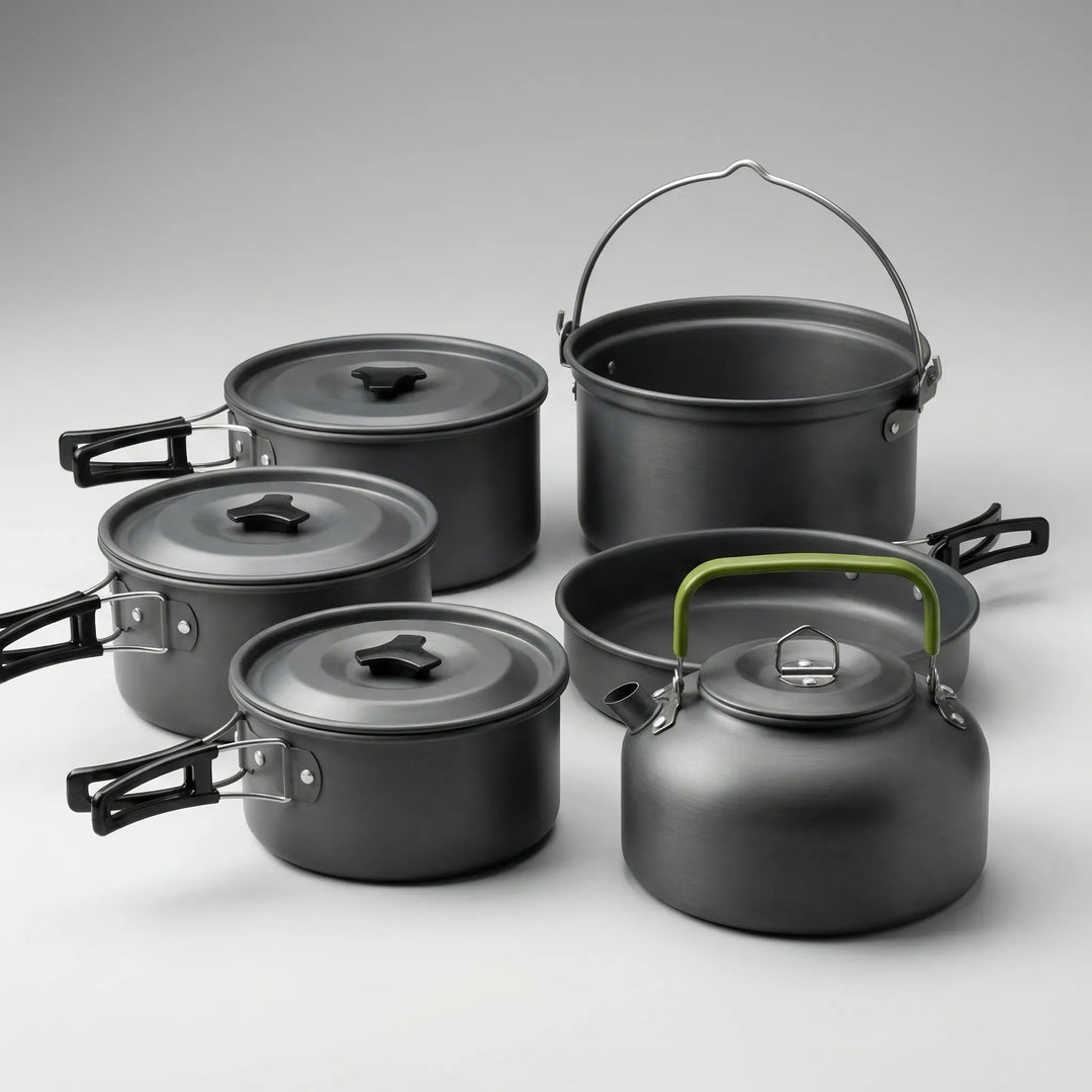 Portable, lightweight camping cookware set, ideal for outdoor cooking and backpacking adventures.