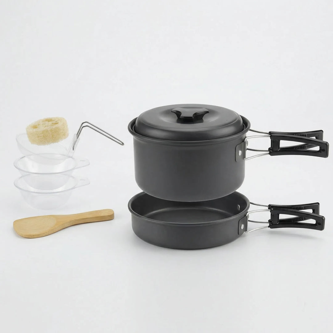 Unisex outdoor camping cookware set, essential gear for hikers and backpackers.