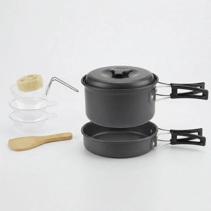 Unisex outdoor camping cookware set, essential gear for hikers and backpackers.