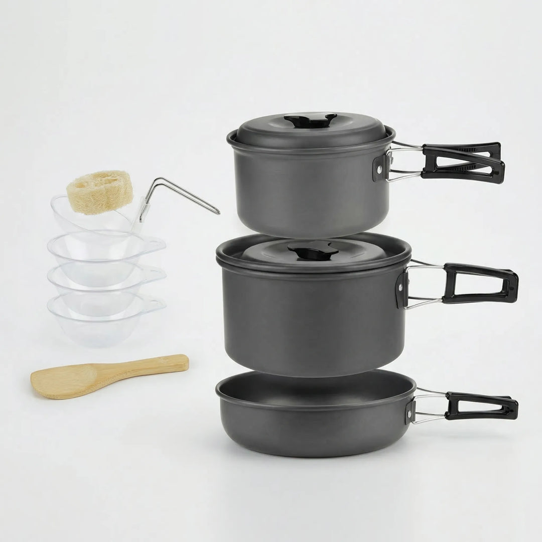 Compact stackable camping cookware set, a portable kitchen solution for outdoor enthusiasts.