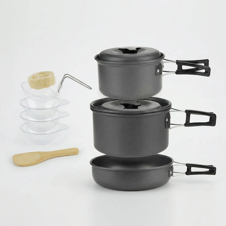Compact stackable camping cookware set, a portable kitchen solution for outdoor enthusiasts.