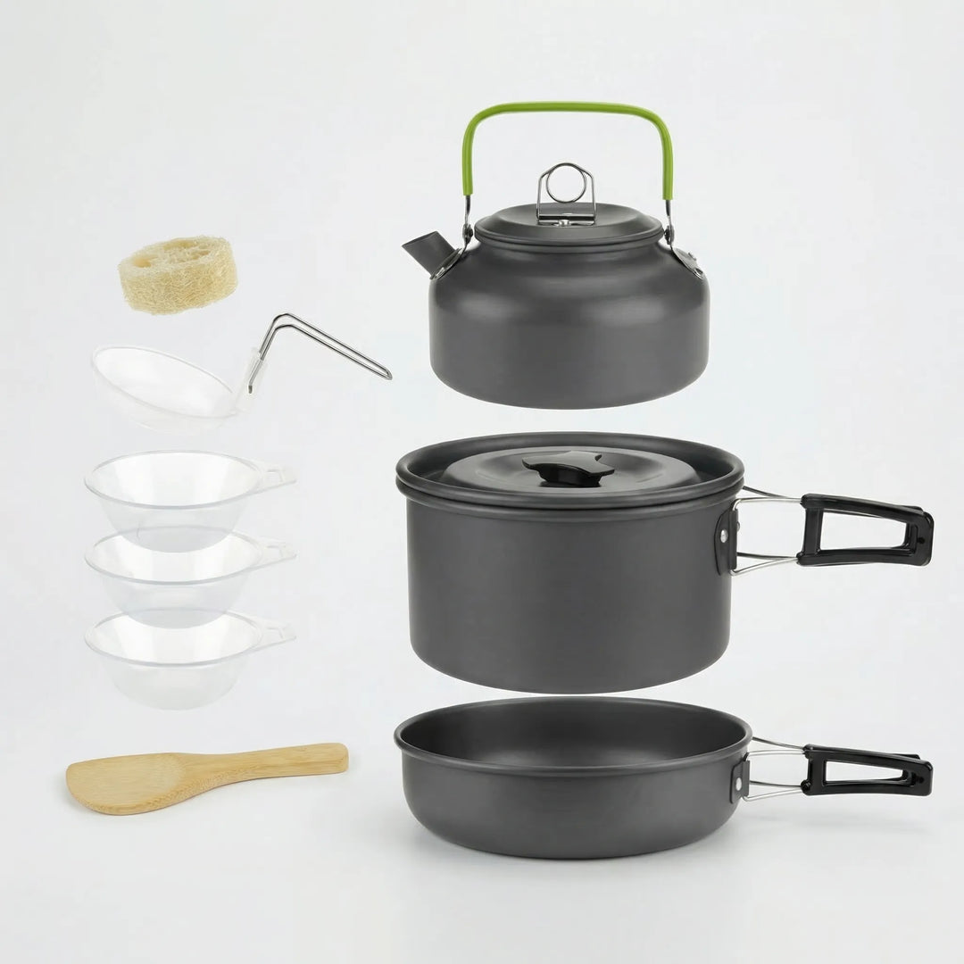 Durable camping cookware set, stackable design for efficient outdoor cooking and backpacking.