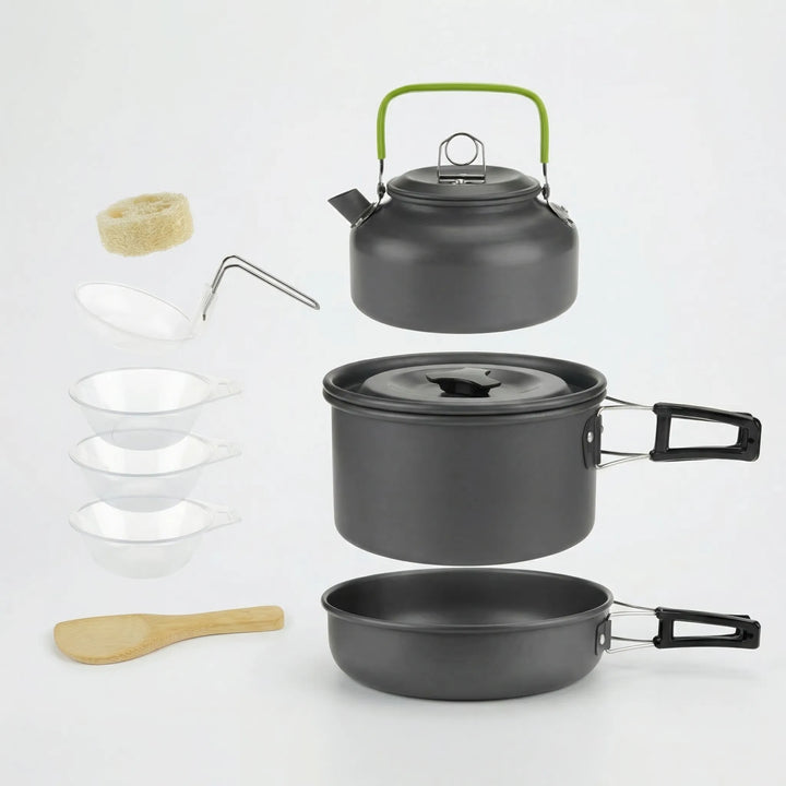 Durable camping cookware set, stackable design for efficient outdoor cooking and backpacking.