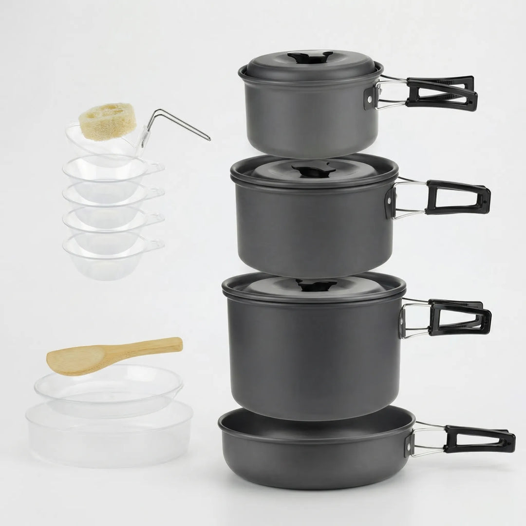 Lightweight, compact camping cookware set for outdoor cooking, an essential for hiking trips.