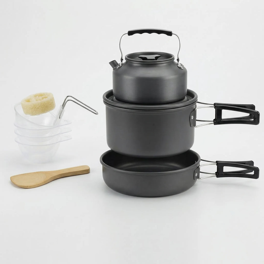 Versatile outdoor cooking set, stackable pots and pans for camping, hiking, and backpacking.